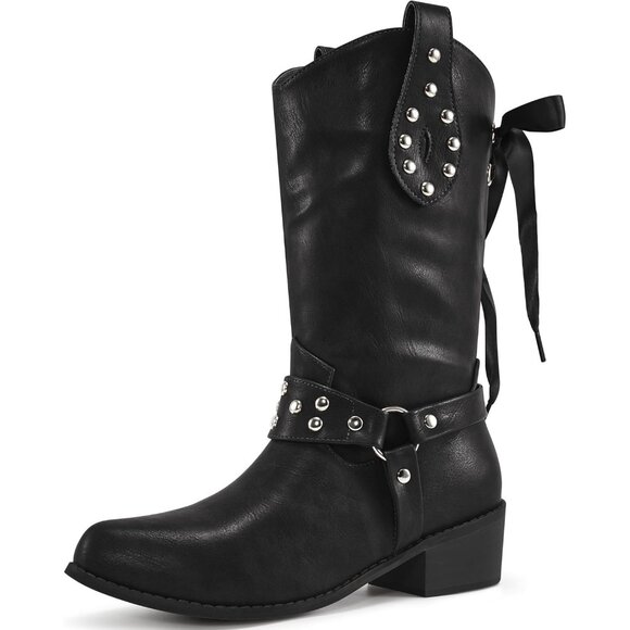 ⚡Women Black Leather Western  Mid Calf Fashion Chunky Cowgirl Pointed Toe Boot - Picture 1 of 7